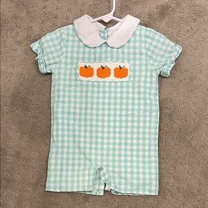 Aqua Gingham Baby Romper with Pumpkin Embroidery